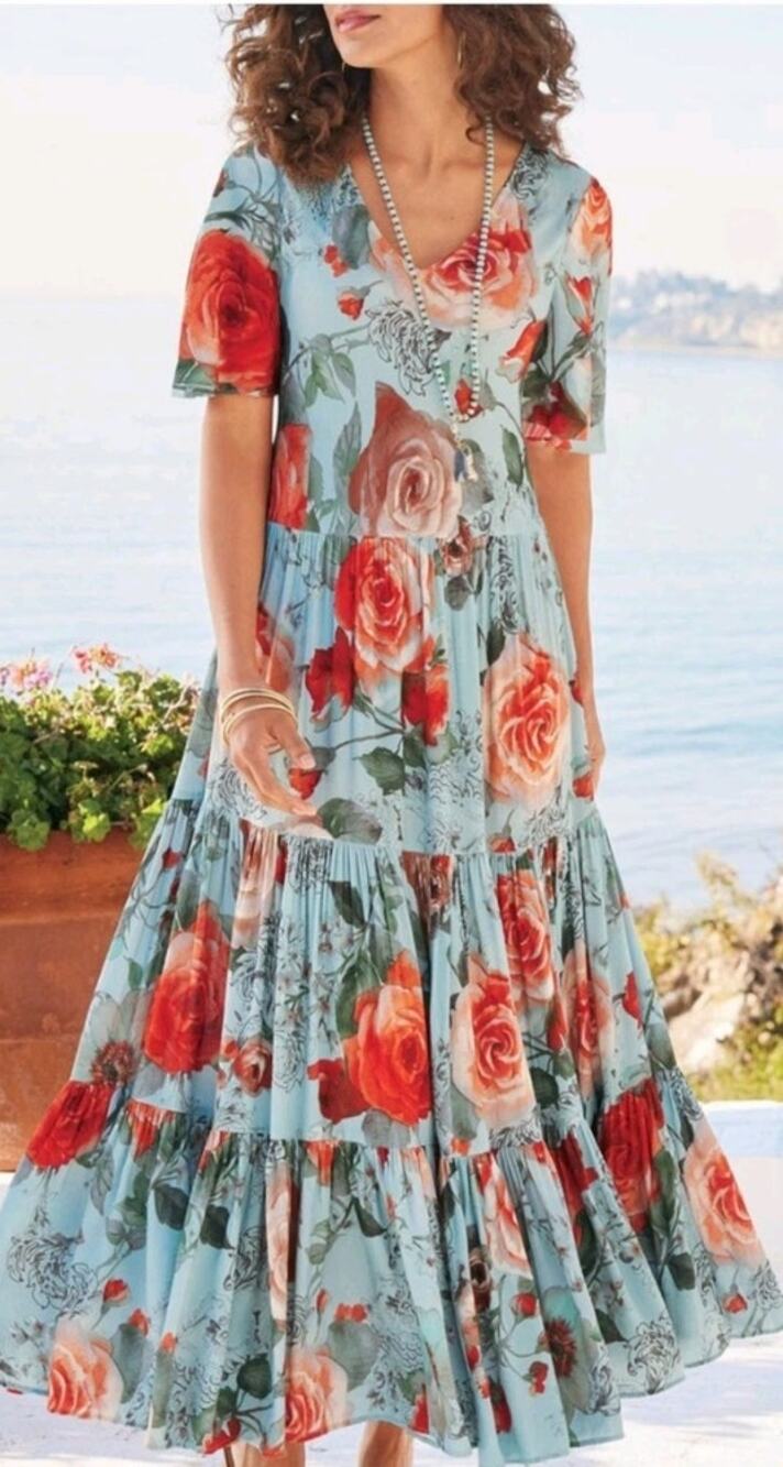 Soft Surroundings First Blooms Dress Women‎ Small Blue Floral Tiered Boho Maxi
